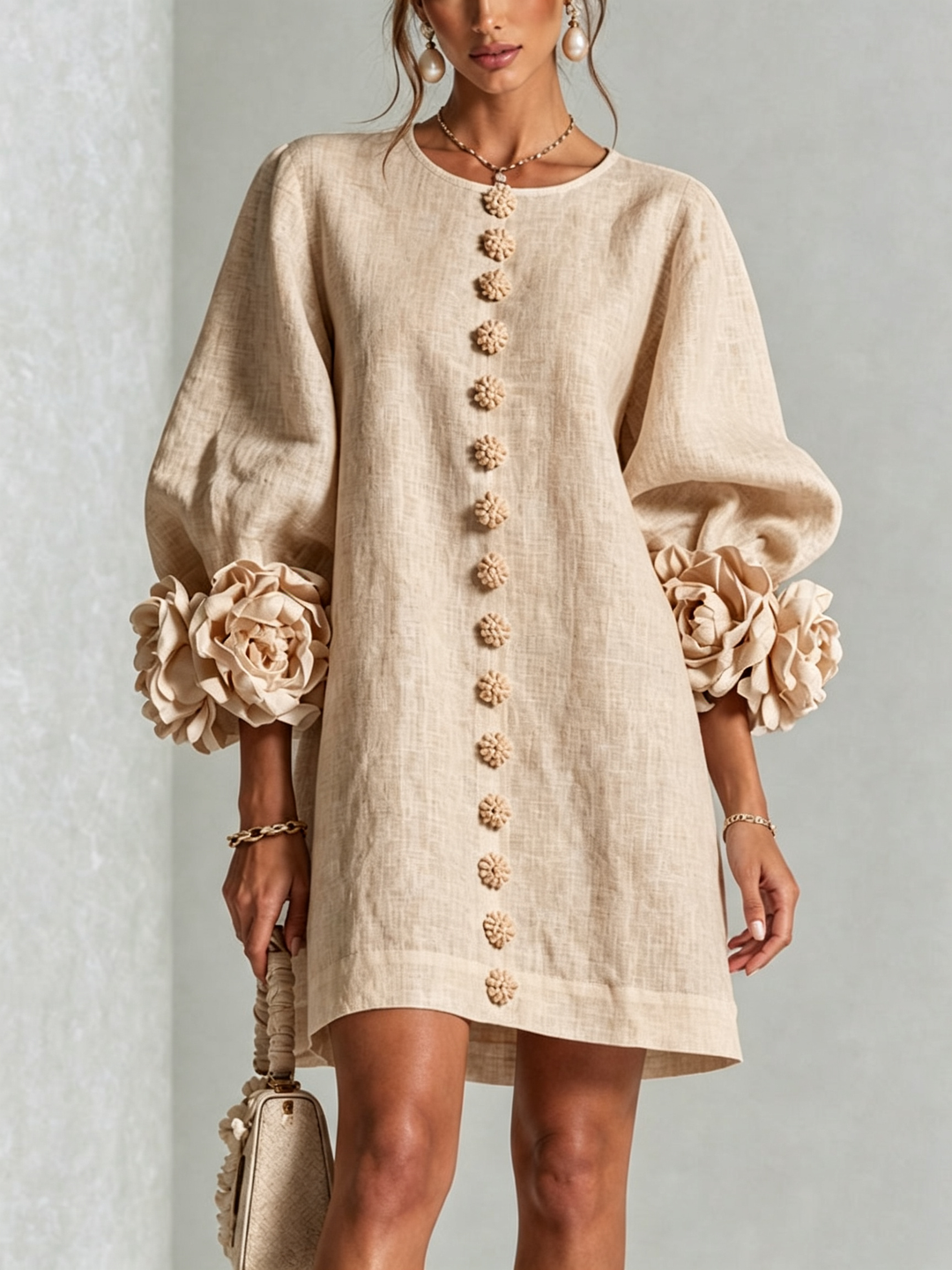 Rilane - Rosette Sleeve Linen-Blend Shirt Dress