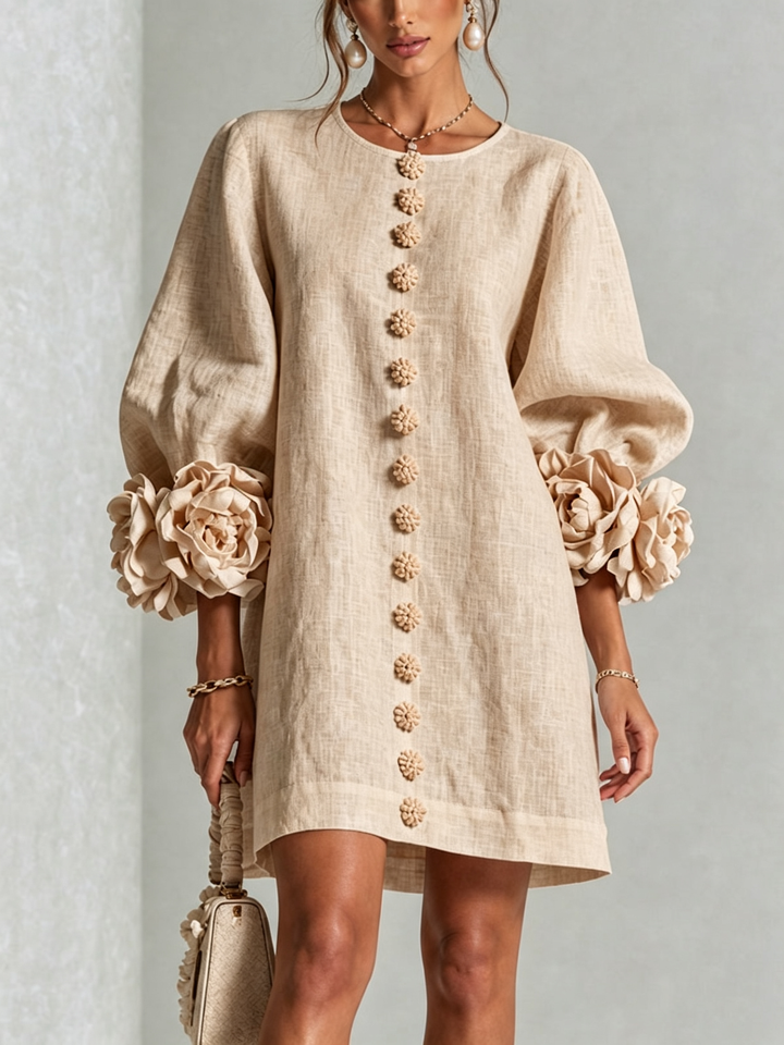 Rilane - Rosette Sleeve Linen-Blend Shirt Dress