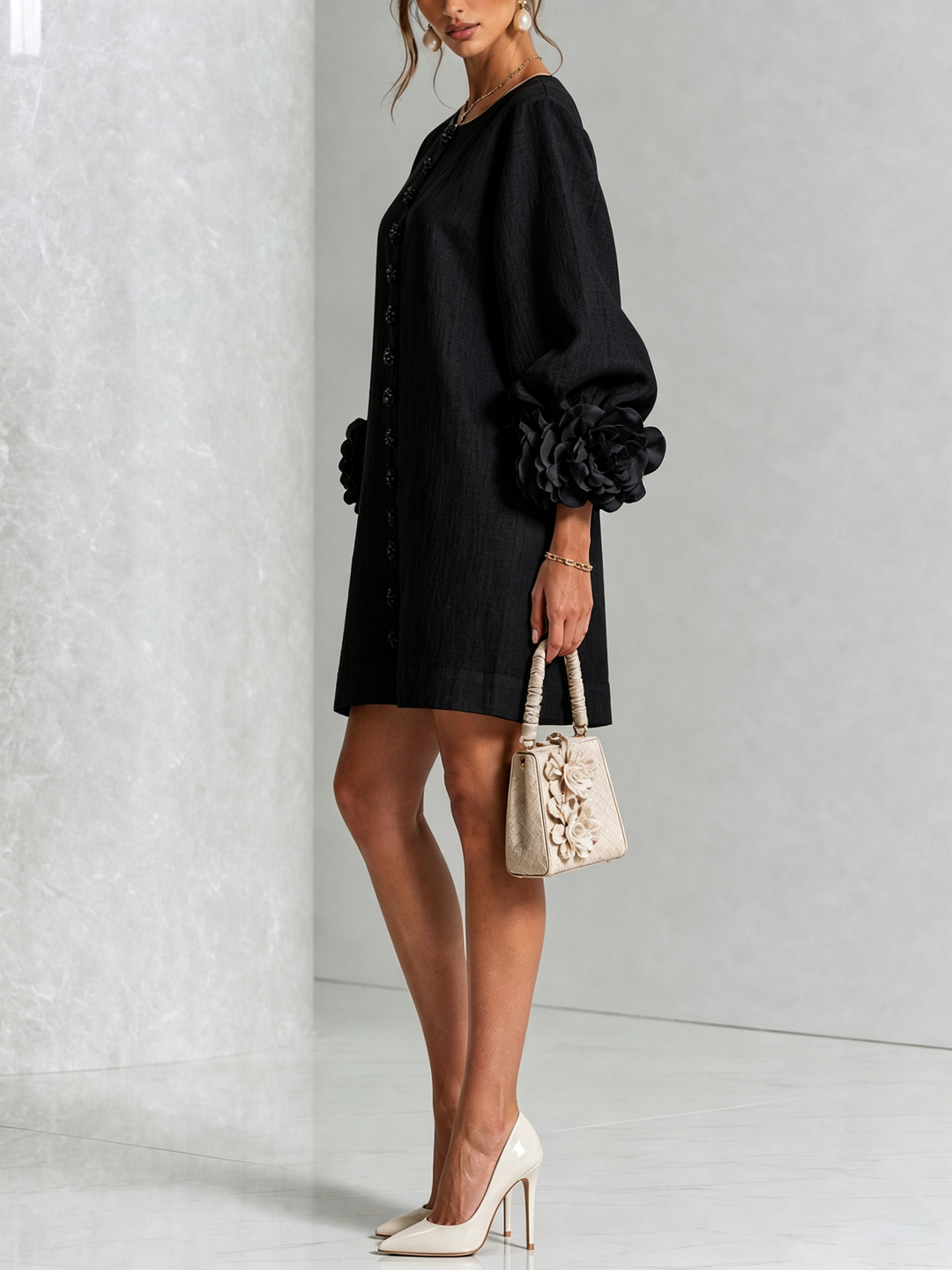Rilane - Rosette Sleeve Linen-Blend Shirt Dress