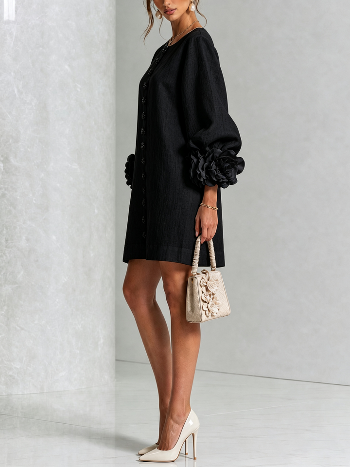 Rilane - Rosette Sleeve Linen-Blend Shirt Dress