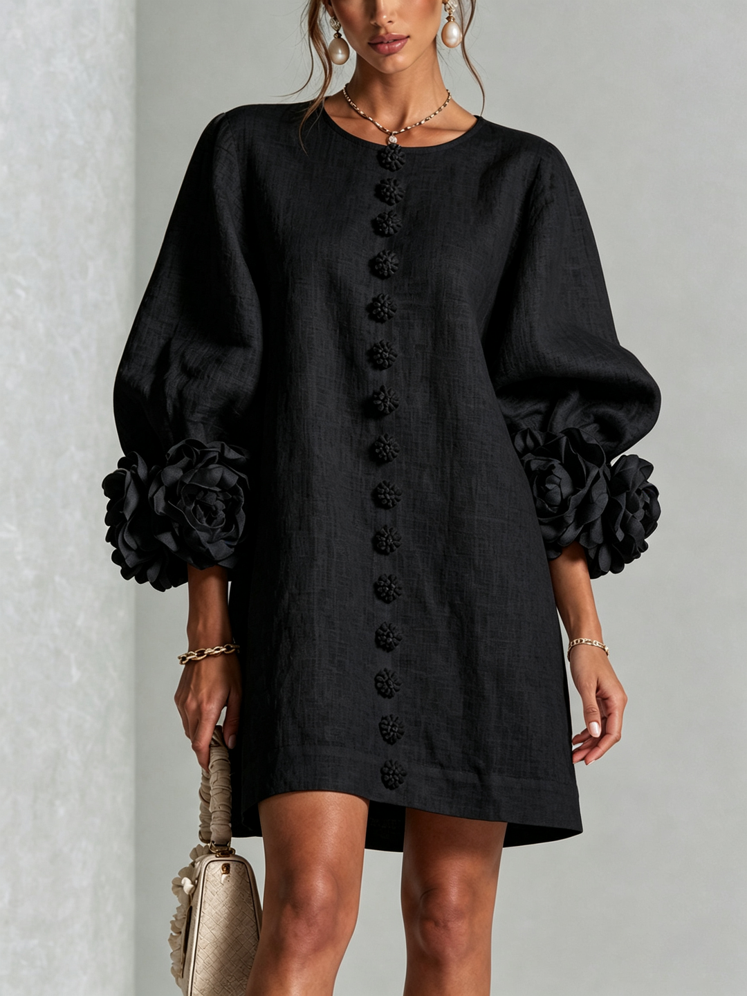 Rilane - Rosette Sleeve Linen-Blend Shirt Dress