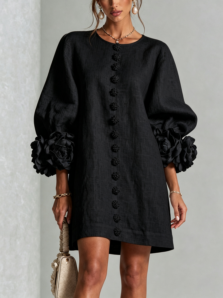 Rilane - Rosette Sleeve Linen-Blend Shirt Dress