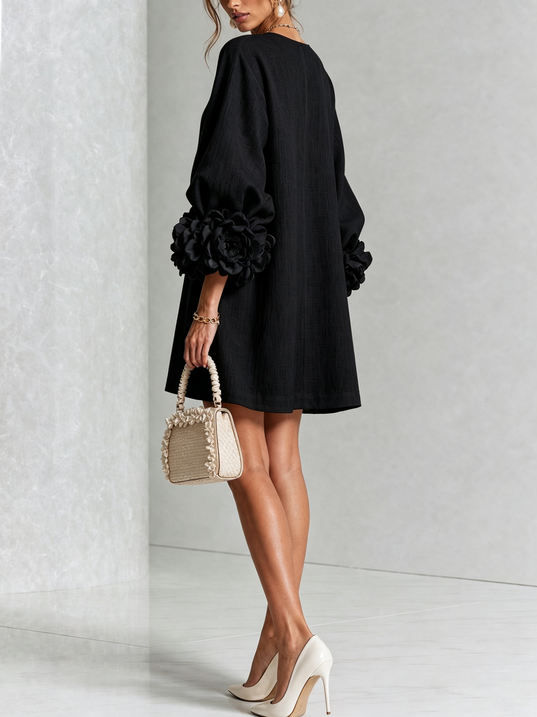 Rilane - Rosette Sleeve Linen-Blend Shirt Dress