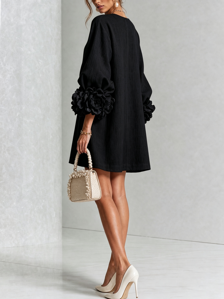 Rilane - Rosette Sleeve Linen-Blend Shirt Dress