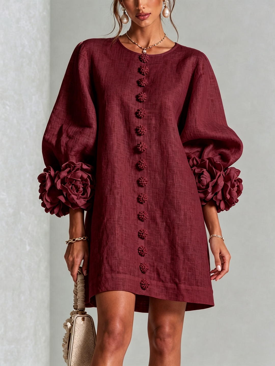 Rilane - Rosette Sleeve Linen-Blend Shirt Dress
