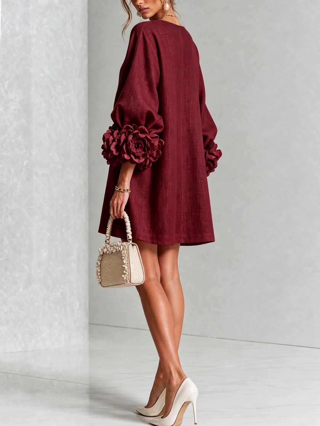 Rilane - Rosette Sleeve Linen-Blend Shirt Dress
