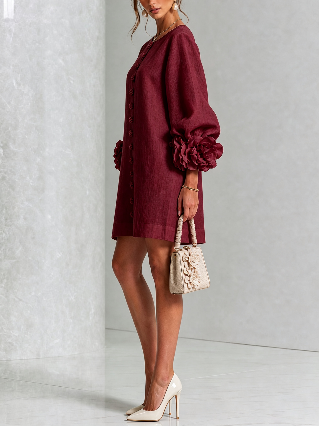 Rilane - Rosette Sleeve Linen-Blend Shirt Dress