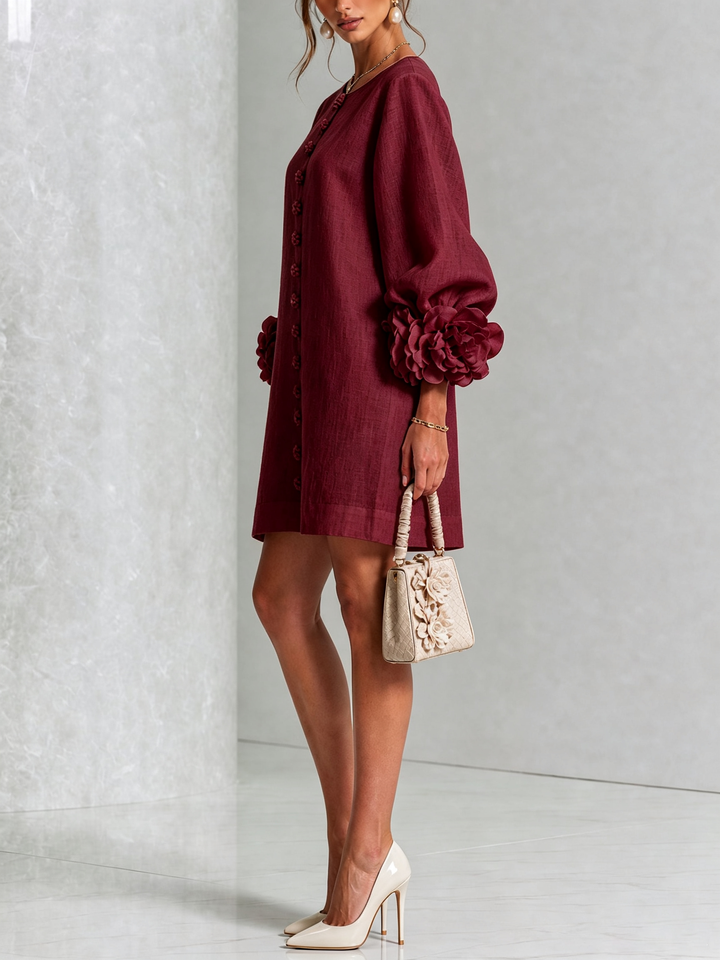 Rilane - Rosette Sleeve Linen-Blend Shirt Dress