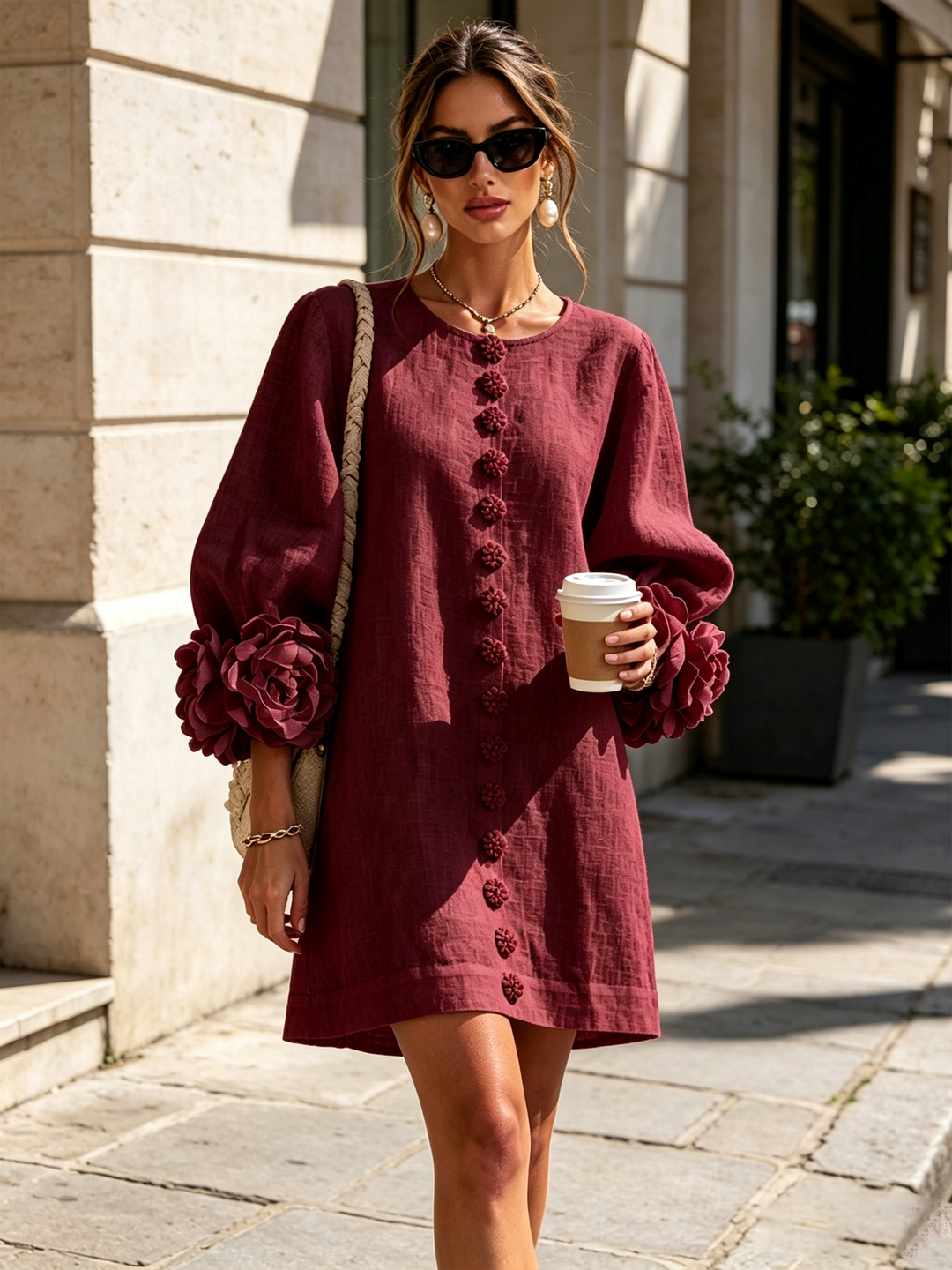 Rilane - Rosette Sleeve Linen-Blend Shirt Dress