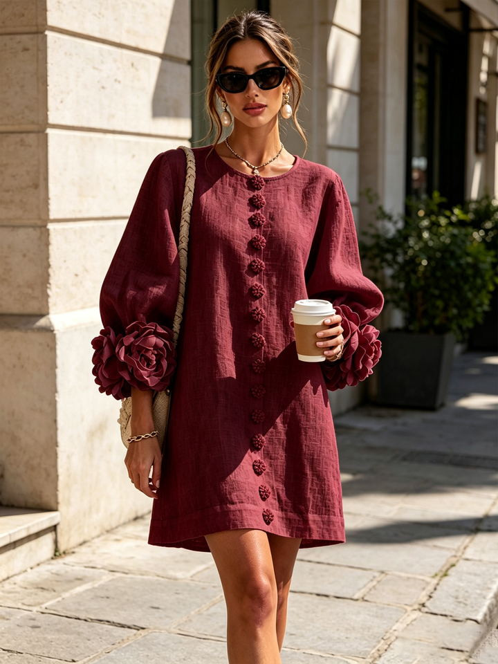 Rilane - Rosette Sleeve Linen-Blend Shirt Dress