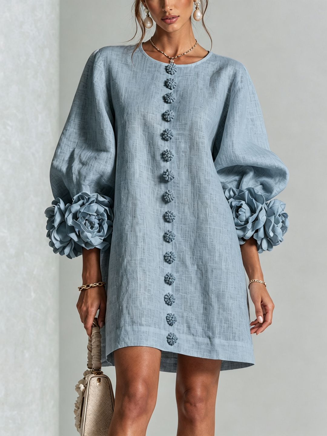 Rilane - Rosette Sleeve Linen-Blend Shirt Dress