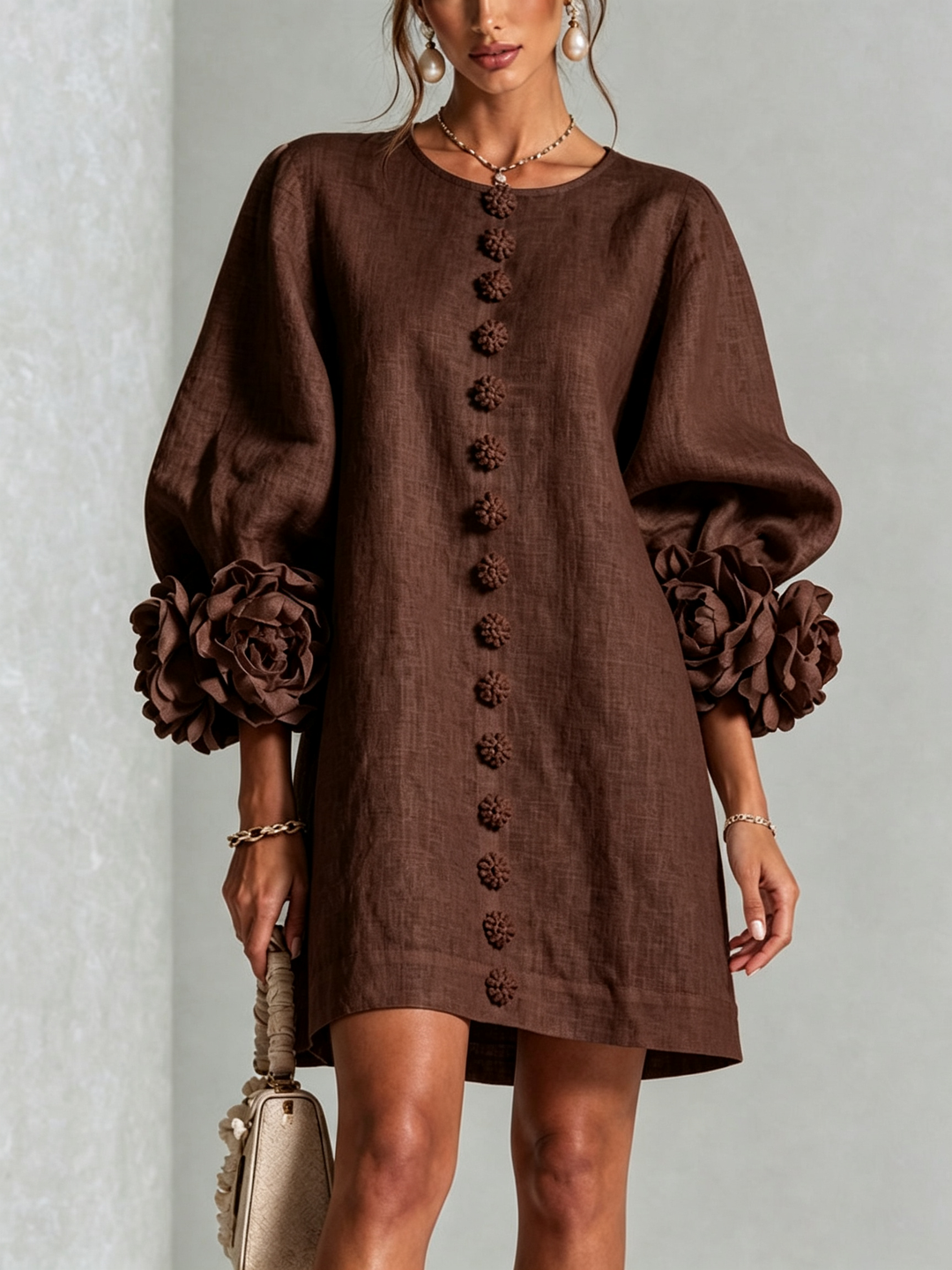 Rilane - Rosette Sleeve Linen-Blend Shirt Dress