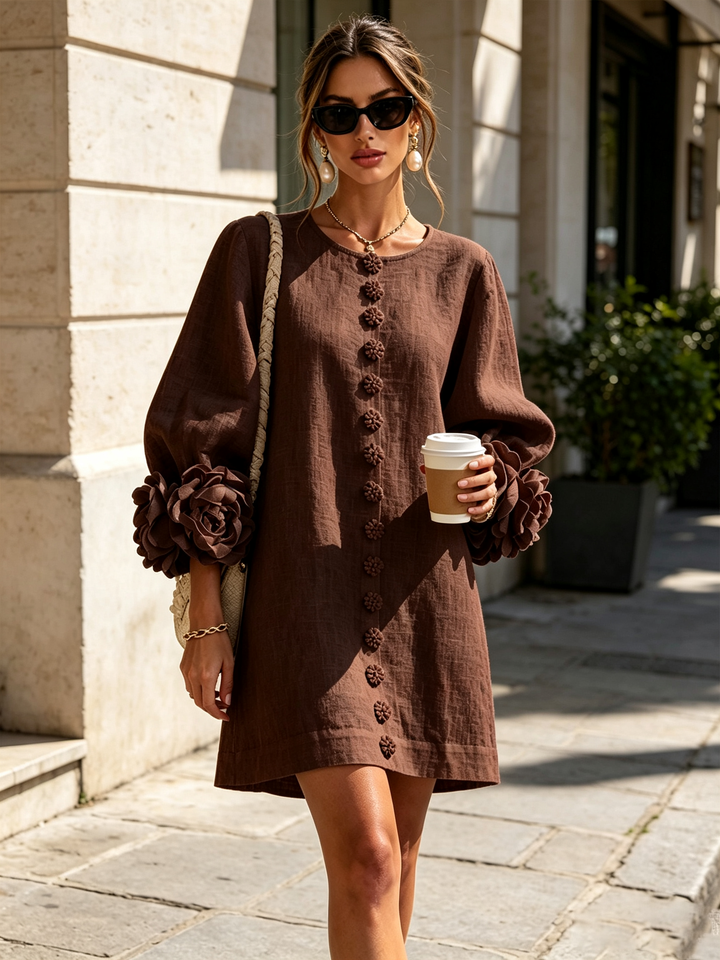 Rilane - Rosette Sleeve Linen-Blend Shirt Dress