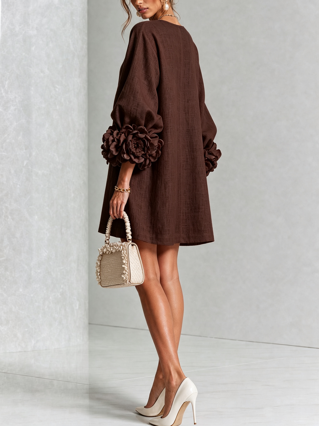 Rilane - Rosette Sleeve Linen-Blend Shirt Dress