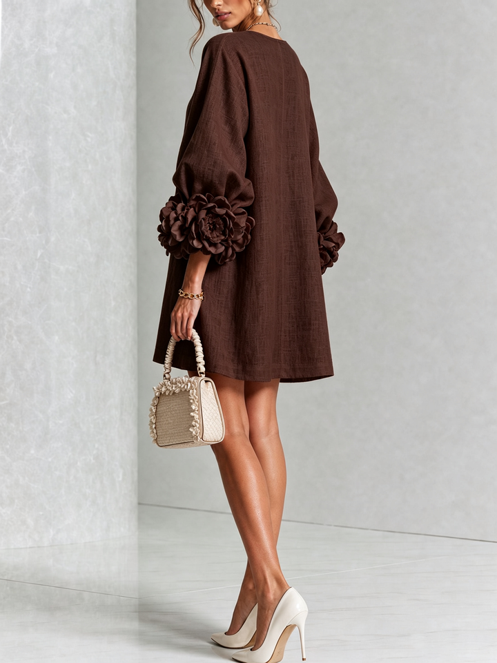 Rilane - Rosette Sleeve Linen-Blend Shirt Dress