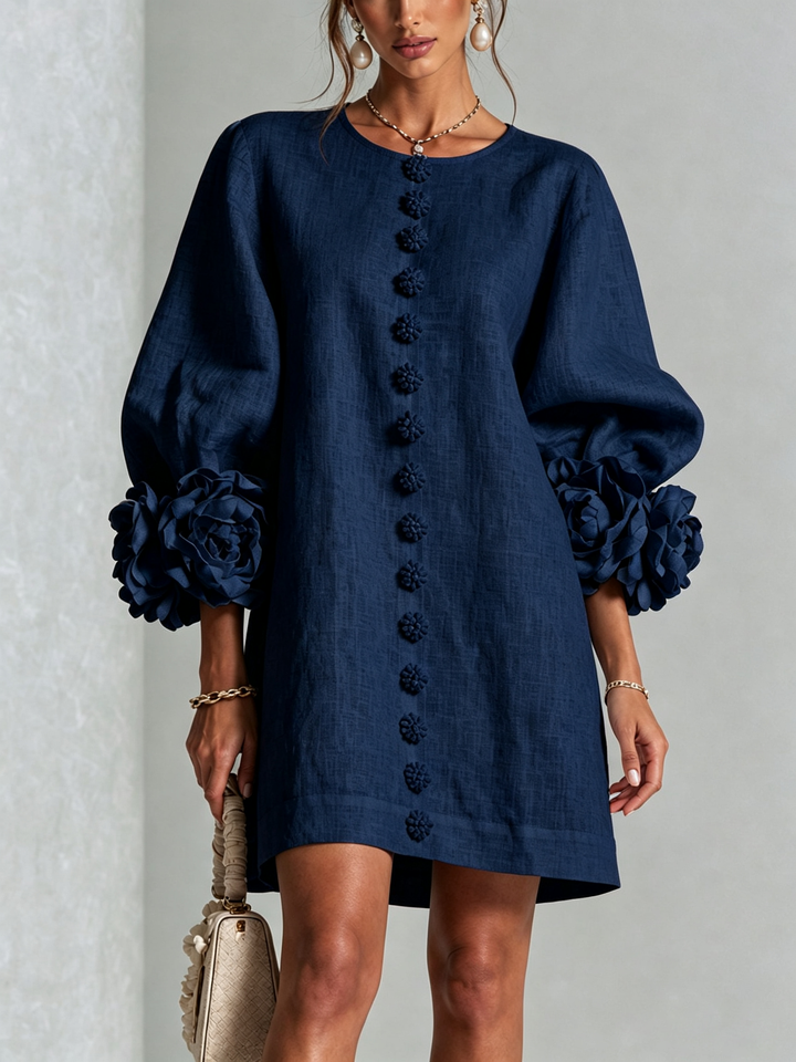 Rilane - Rosette Sleeve Linen-Blend Shirt Dress