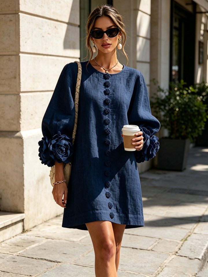 Rilane - Rosette Sleeve Linen-Blend Shirt Dress