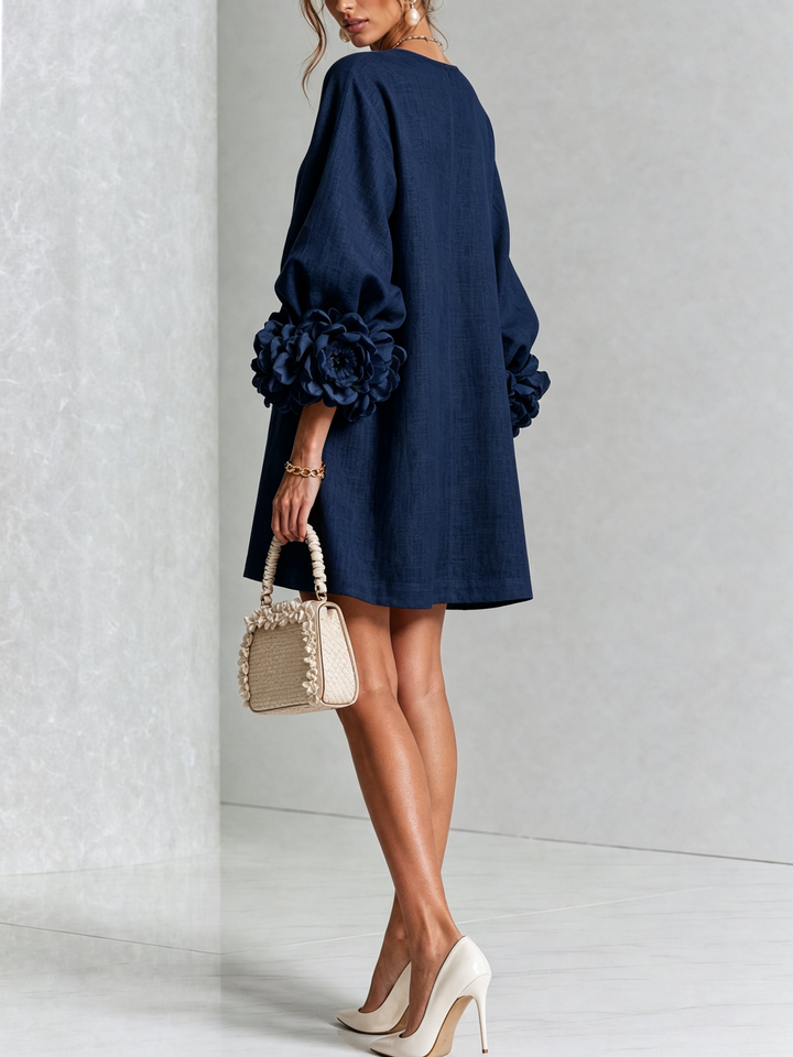 Rilane - Rosette Sleeve Linen-Blend Shirt Dress