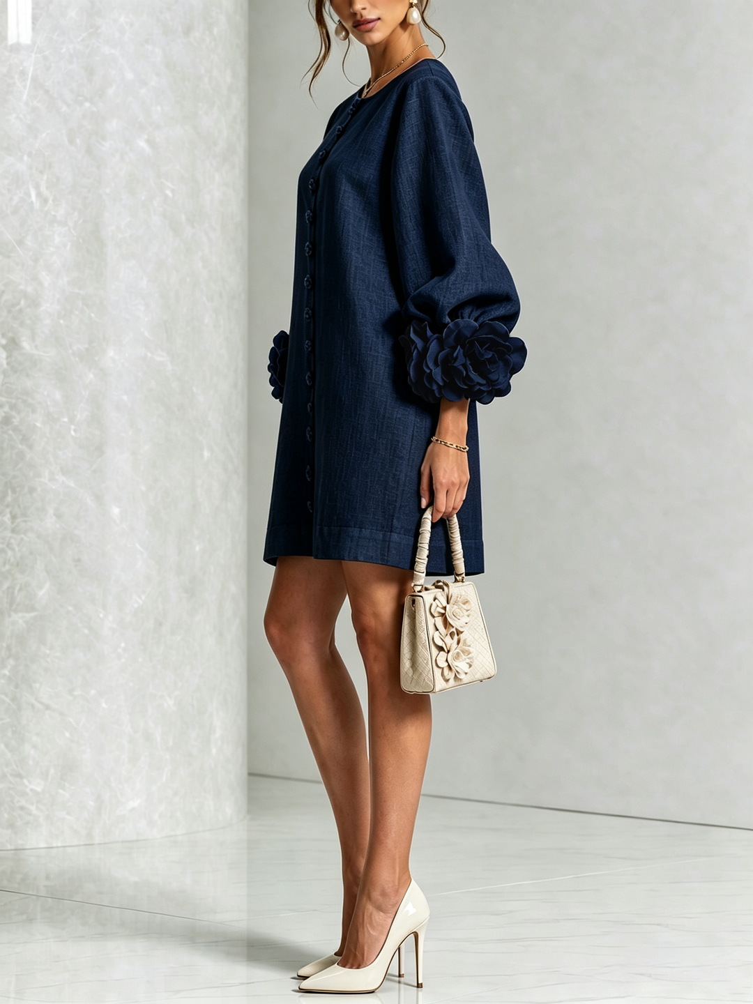 Rilane - Rosette Sleeve Linen-Blend Shirt Dress