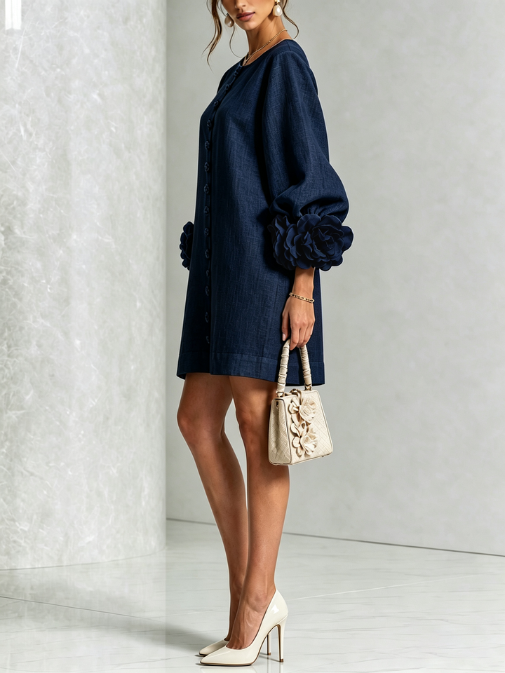 Rilane - Rosette Sleeve Linen-Blend Shirt Dress