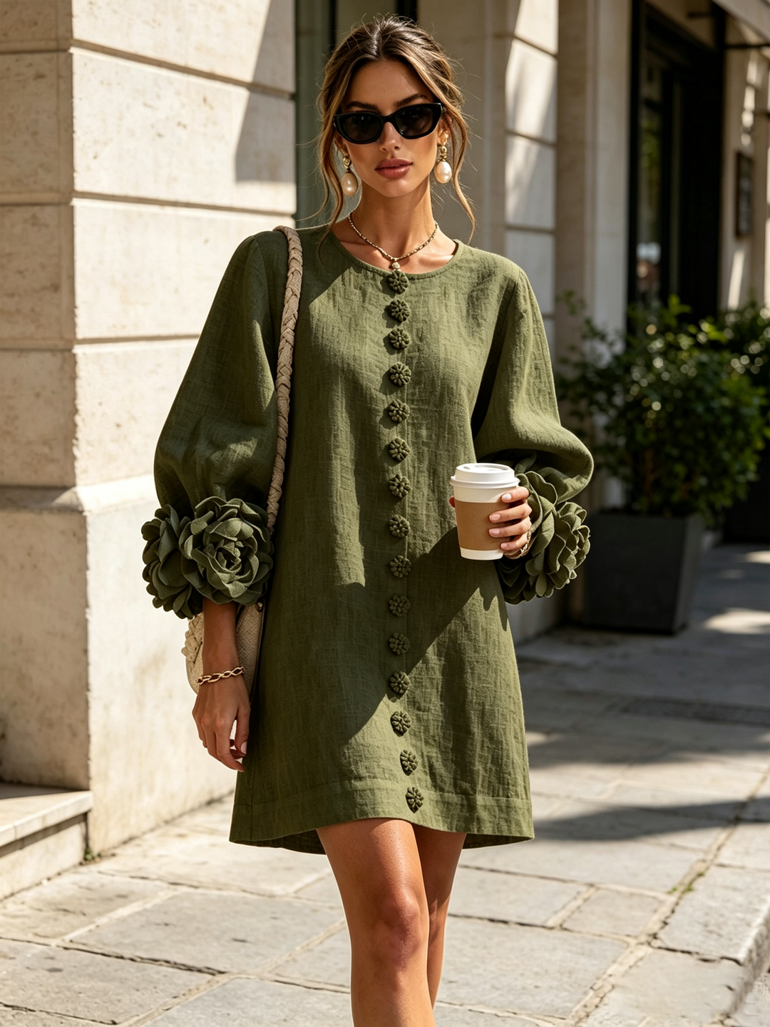 Rilane - Rosette Sleeve Linen-Blend Shirt Dress