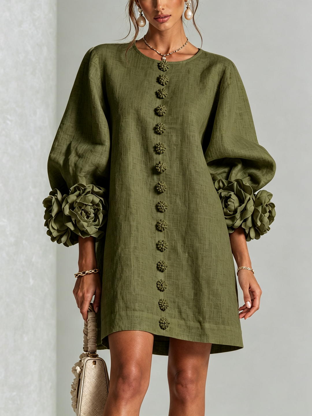 Rilane - Rosette Sleeve Linen-Blend Shirt Dress