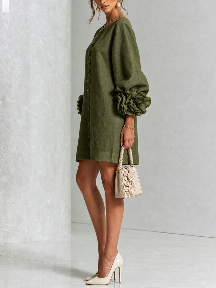 Rilane - Rosette Sleeve Linen-Blend Shirt Dress