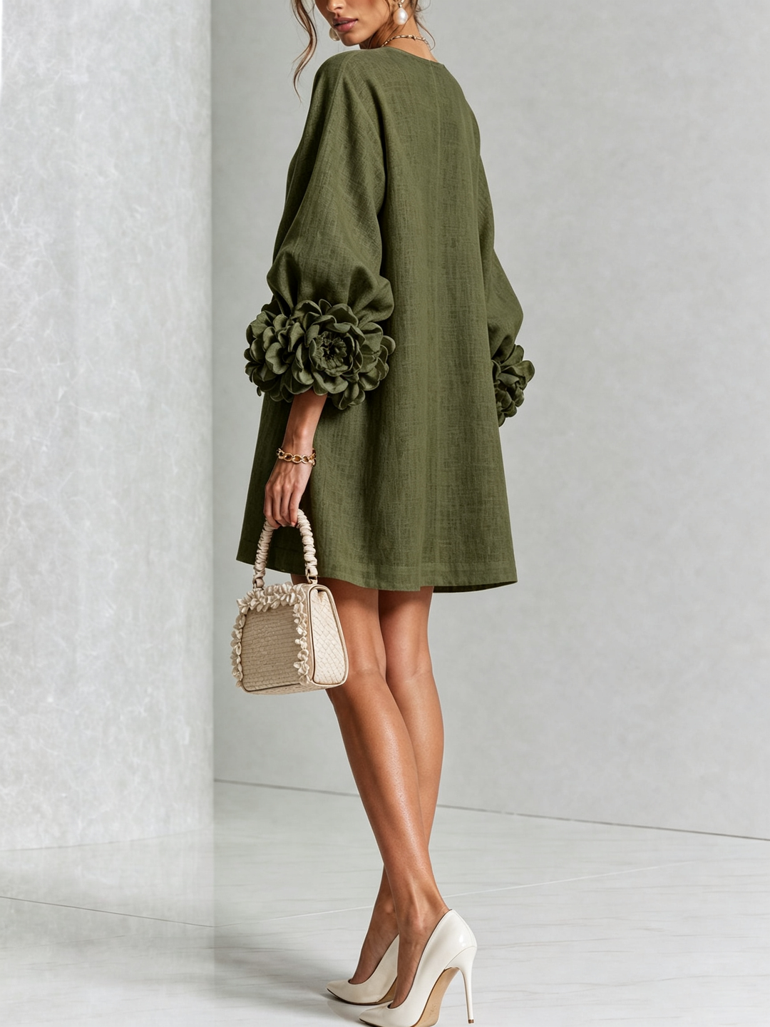 Rilane - Rosette Sleeve Linen-Blend Shirt Dress