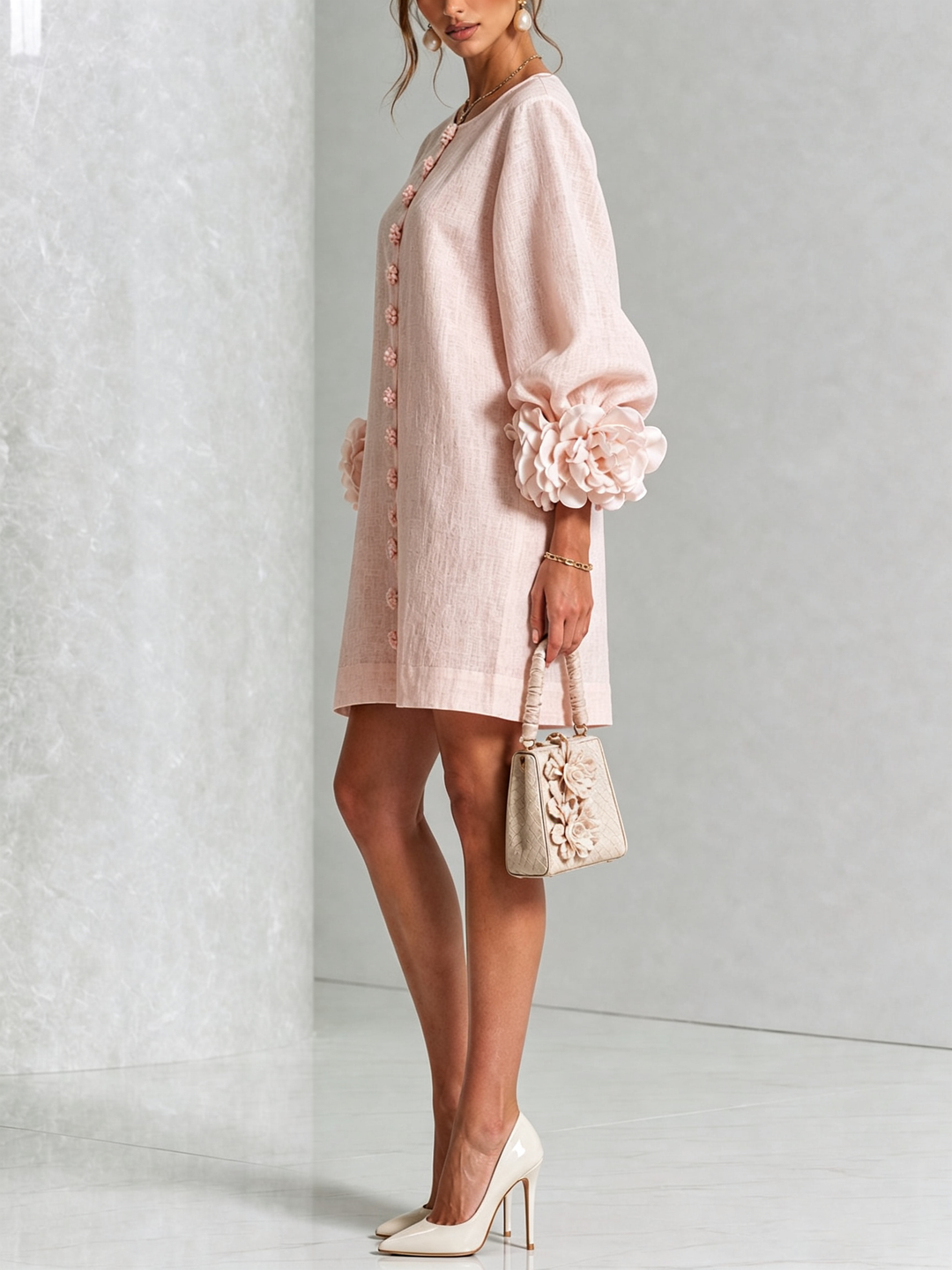 Rilane - Rosette Sleeve Linen-Blend Shirt Dress