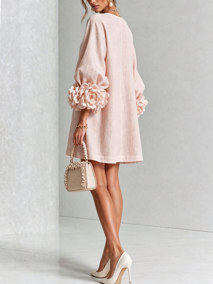 Rilane - Rosette Sleeve Linen-Blend Shirt Dress