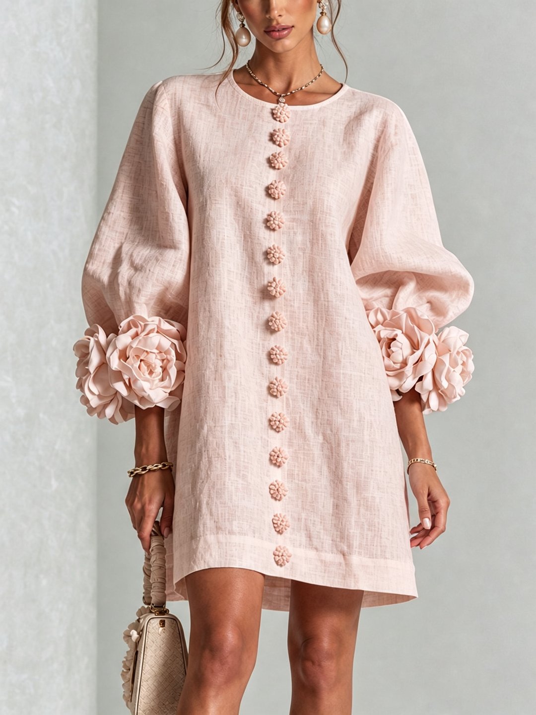 Rilane - Rosette Sleeve Linen-Blend Shirt Dress