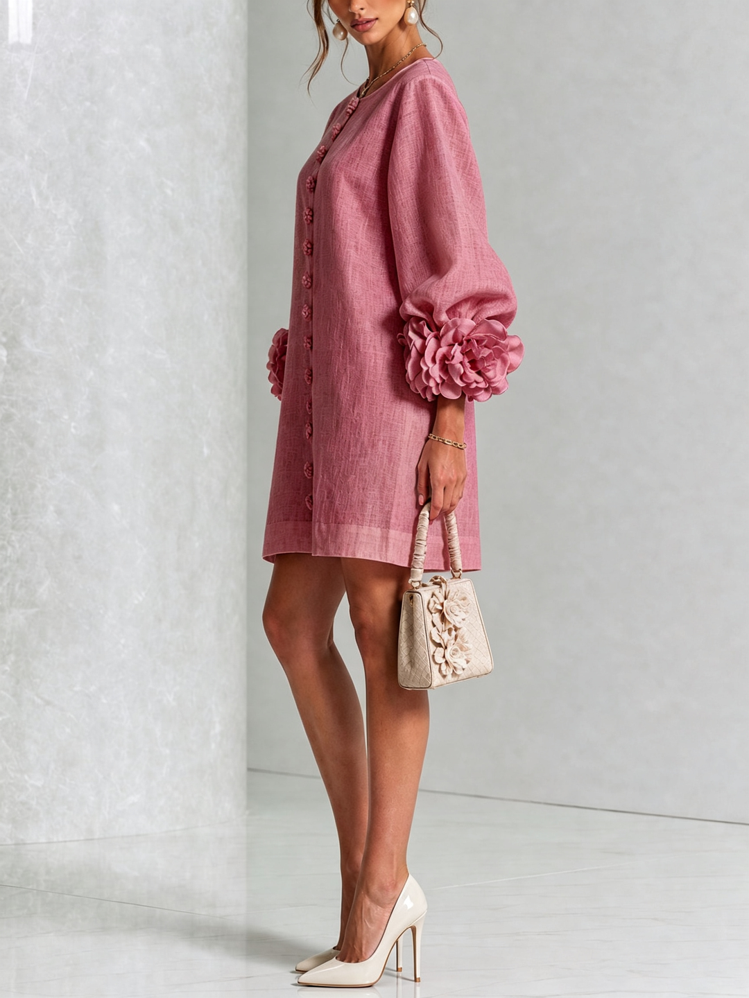 Rilane - Rosette Sleeve Linen-Blend Shirt Dress