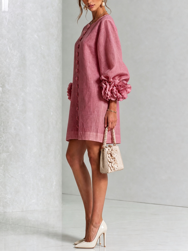 Rilane - Rosette Sleeve Linen-Blend Shirt Dress