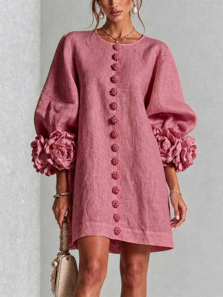 Rilane - Rosette Sleeve Linen-Blend Shirt Dress