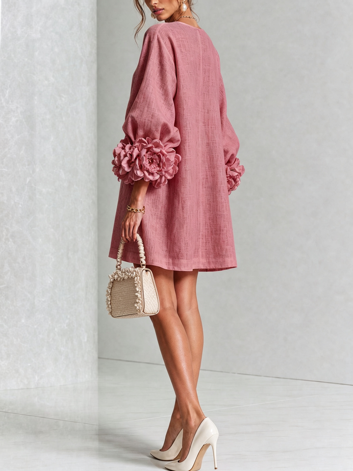 Rilane - Rosette Sleeve Linen-Blend Shirt Dress