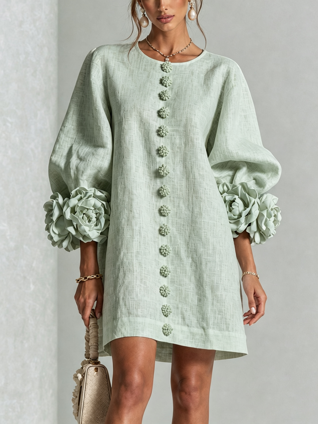 Rilane - Rosette Sleeve Linen-Blend Shirt Dress