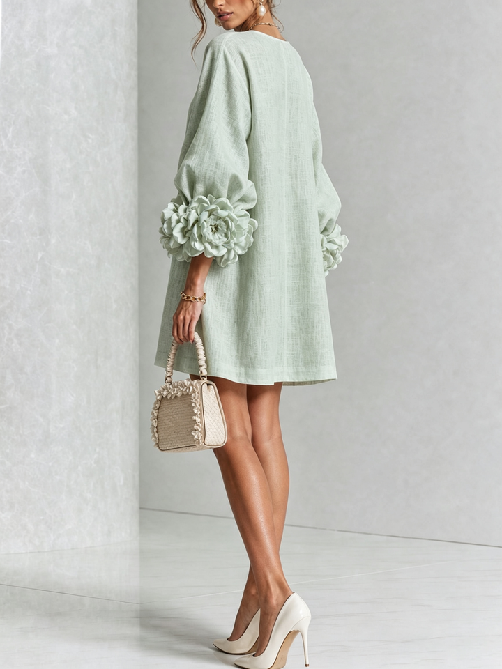 Rilane - Rosette Sleeve Linen-Blend Shirt Dress