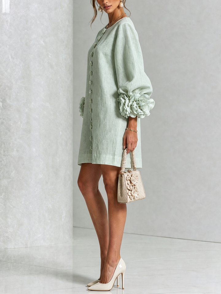 Rilane - Rosette Sleeve Linen-Blend Shirt Dress