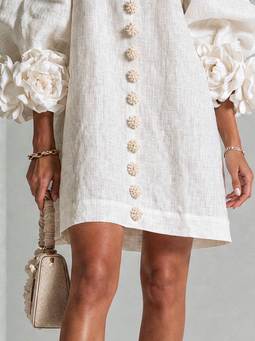 Rilane - Rosette Sleeve Linen-Blend Shirt Dress