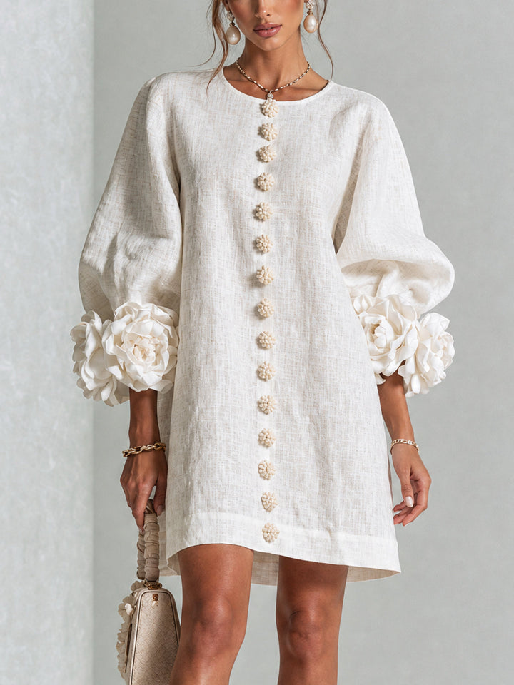 Rilane - Rosette Sleeve Linen-Blend Shirt Dress