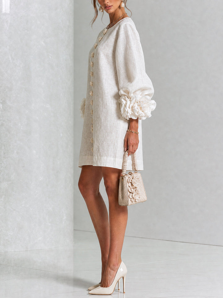 Rilane - Rosette Sleeve Linen-Blend Shirt Dress