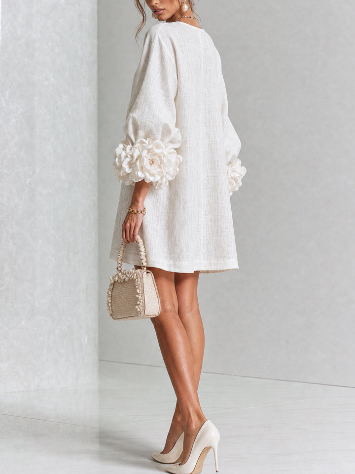 Rilane - Rosette Sleeve Linen-Blend Shirt Dress
