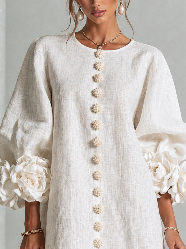 Rilane - Rosette Sleeve Linen-Blend Shirt Dress