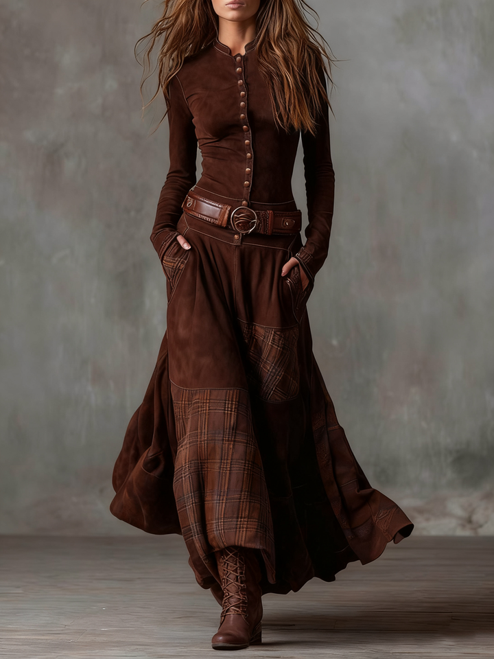 Elyra - Patchwork Skirt Suede Maxi Dress