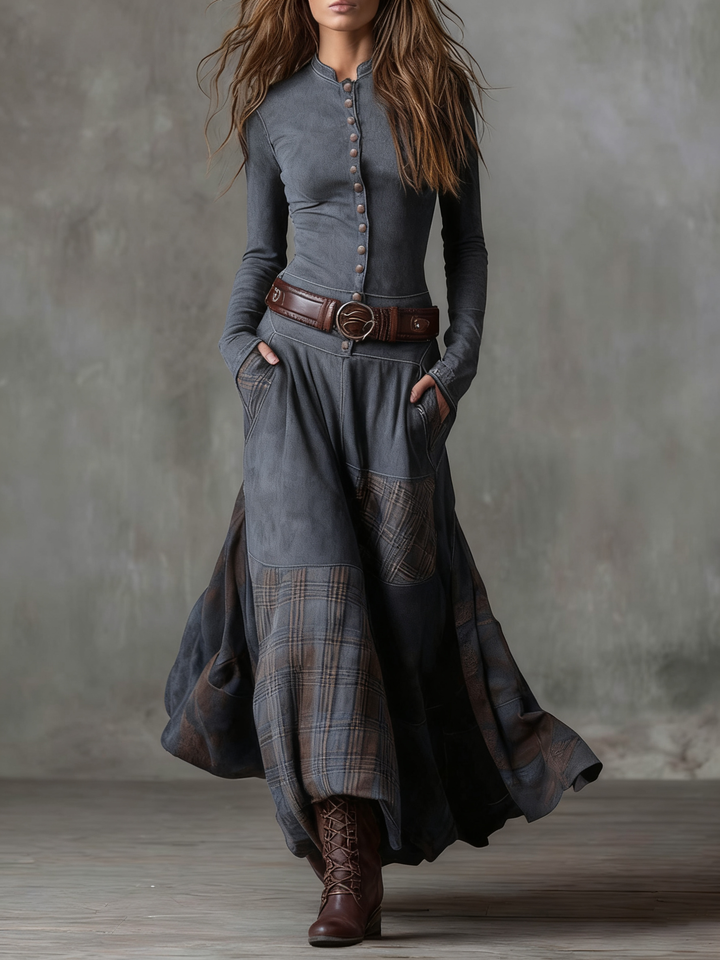Elyra - Patchwork Skirt Suede Maxi Dress