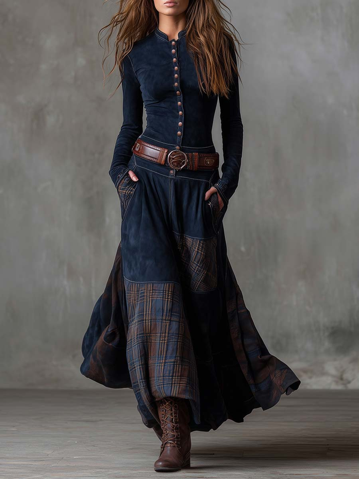 Elyra - Patchwork Skirt Suede Maxi Dress