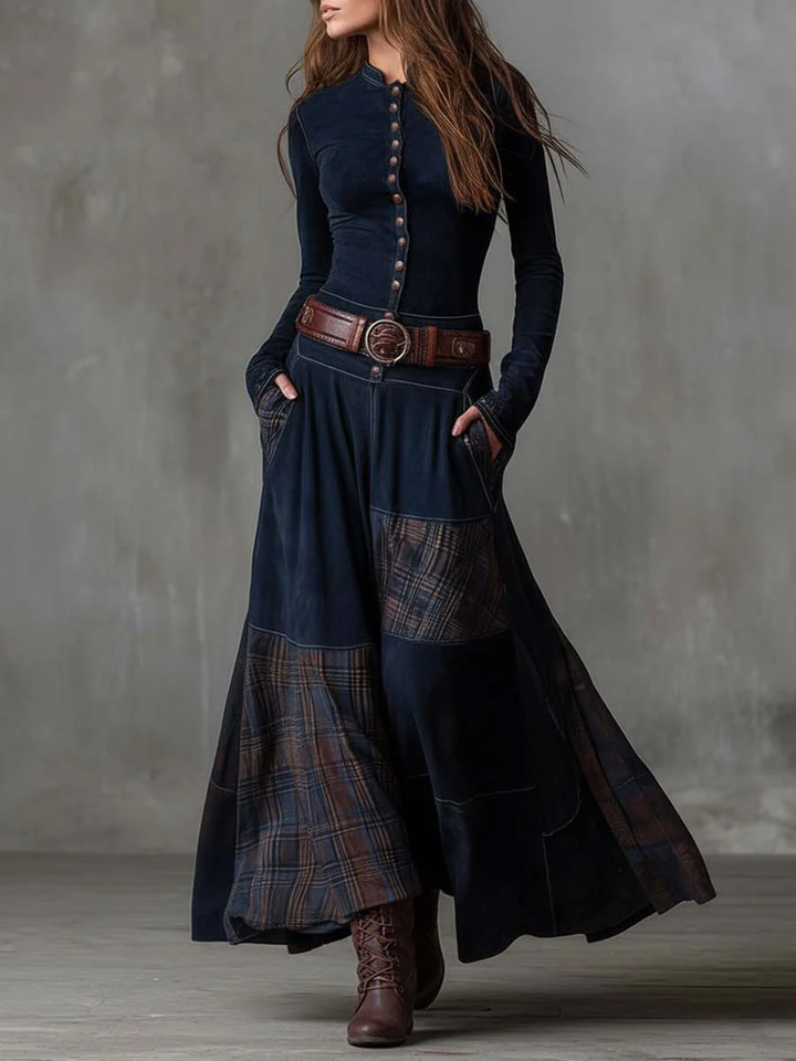 Elyra - Patchwork Skirt Suede Maxi Dress