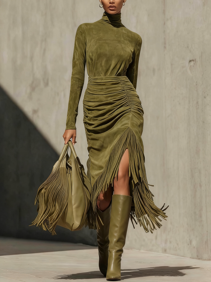 Orlise - High-Neck Suede-Effect Midi Wrap Dress