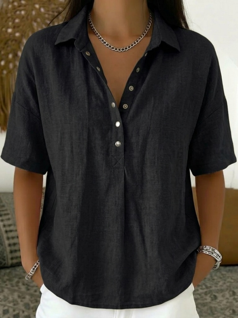 Kelora - Collared V-Neck Cotton-Blend Blouse