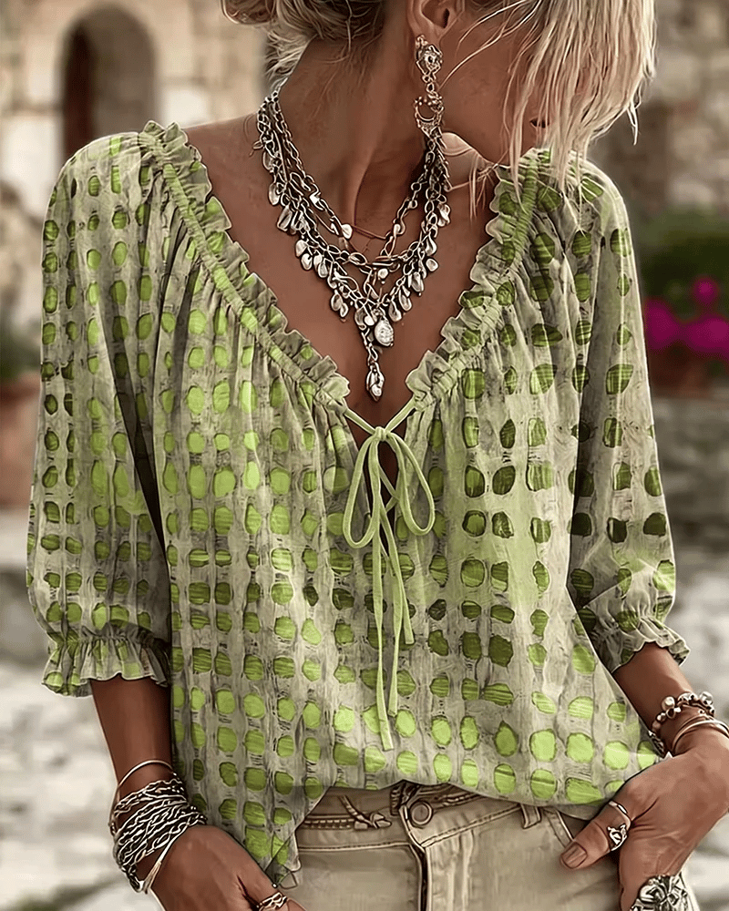 Noreli - Lace-Up V-Neck Cotton-Blend Blouse